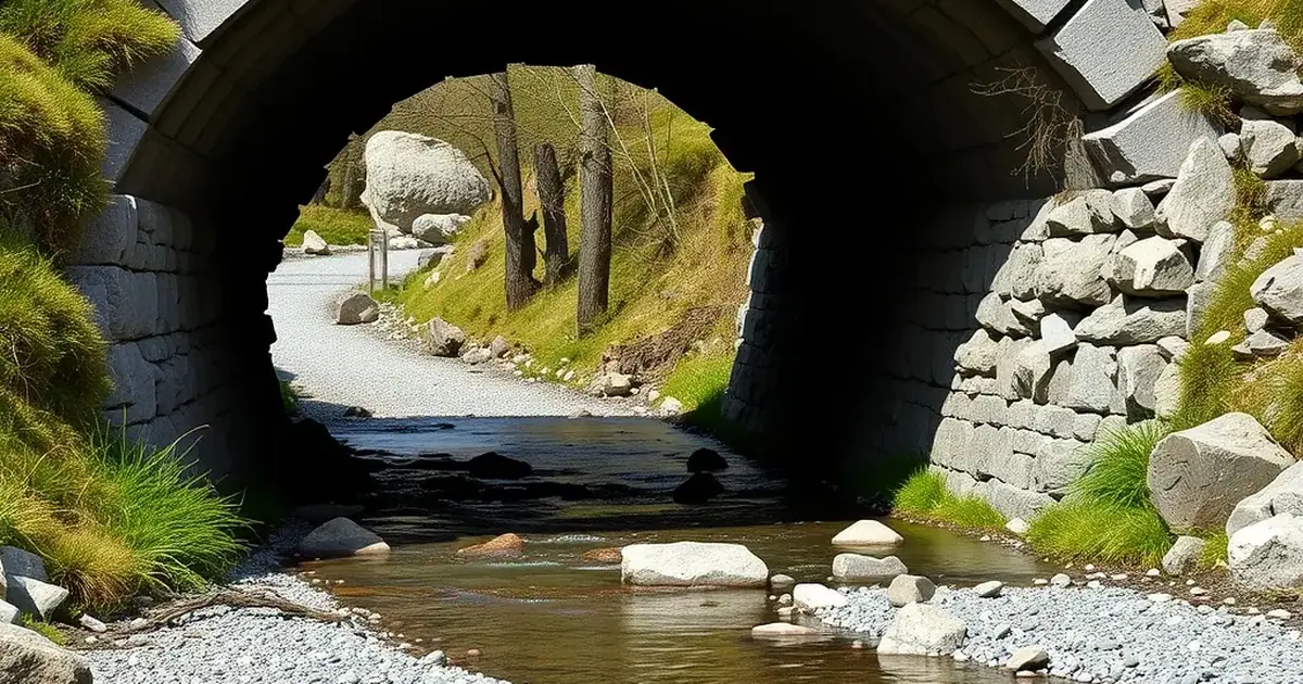 AI-generated illustration: a mountain stream flowing through a culvert under a gravel road in spring, not a real place or event