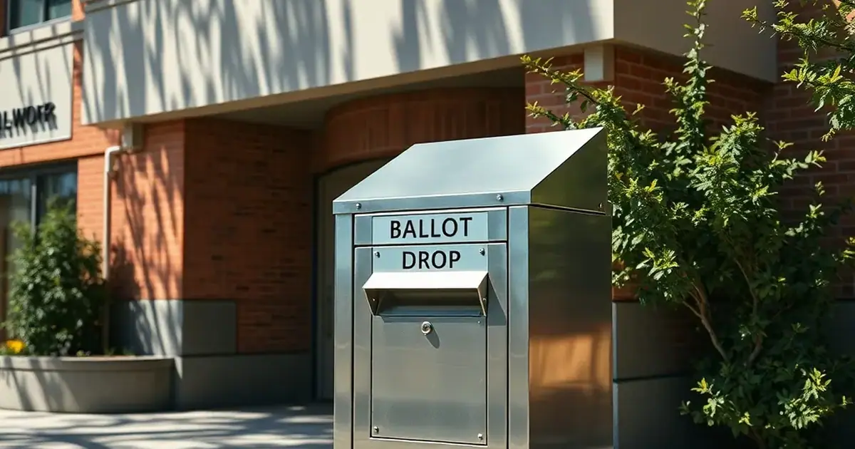 AI-generated illustration: a steel ballot drop box outside a library on a sunny day, not a real place or event