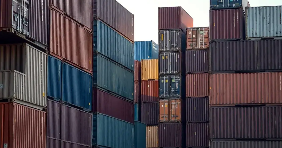 AI-generated illustration: containers stacked at a freight yard, not a real place or event
