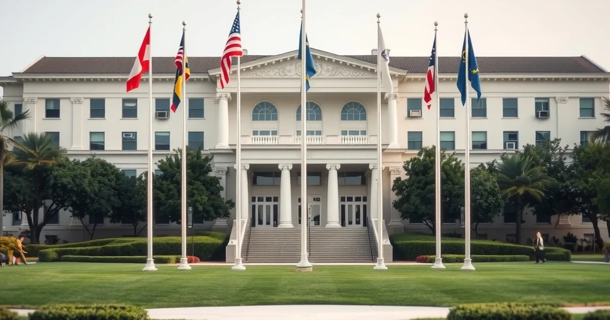 AI-generated illustration: flagpoles on a lawn in front of a government building