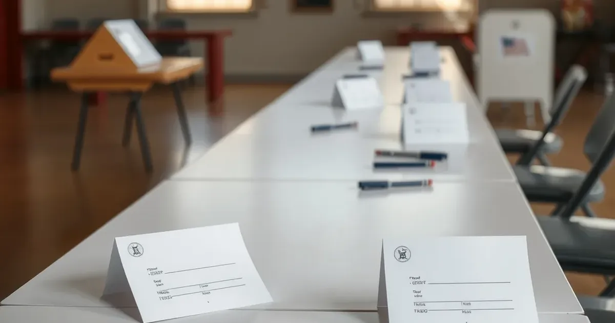 AI-generated illustration: a polling place table with blank ballots