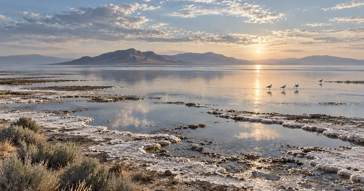 AI-generated illustration: shorebirds on a salt-lake shoreline
