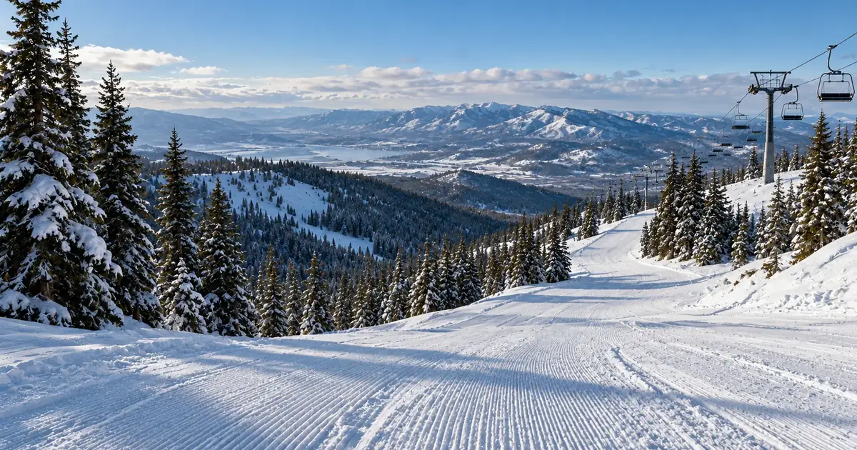 AI-generated illustration: a groomed ski run with a chairlift