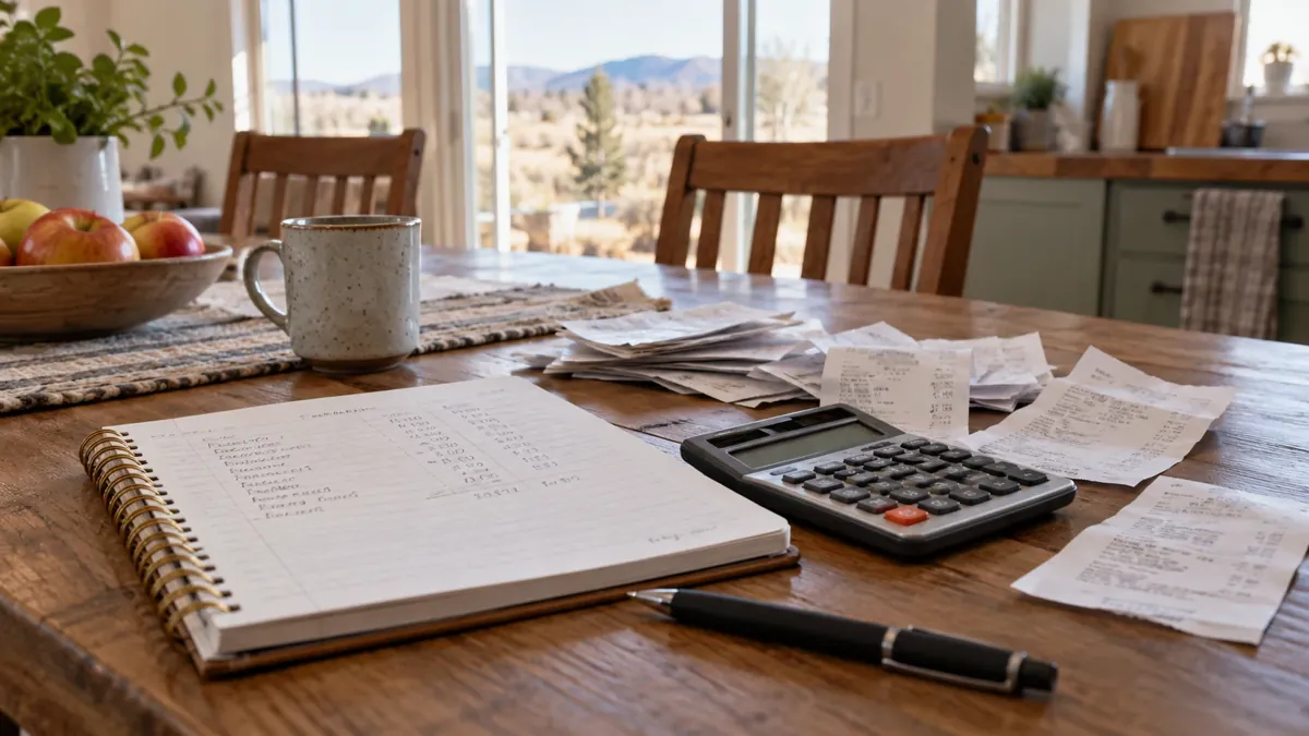 AI illustration, not a photograph: a household budget notebook with a calculator and receipts on a kitchen table.