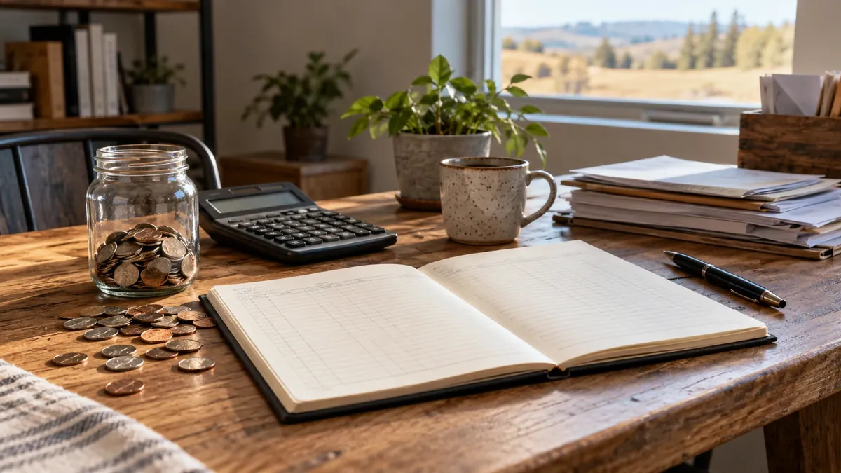 AI illustration, not a photograph: coins and a blank ledger on a wooden desk.