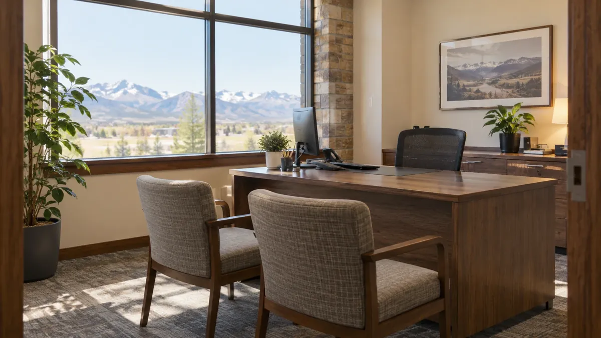 AI illustration, not a photograph: an empty bank consultation desk with two chairs and a window view of mountains.