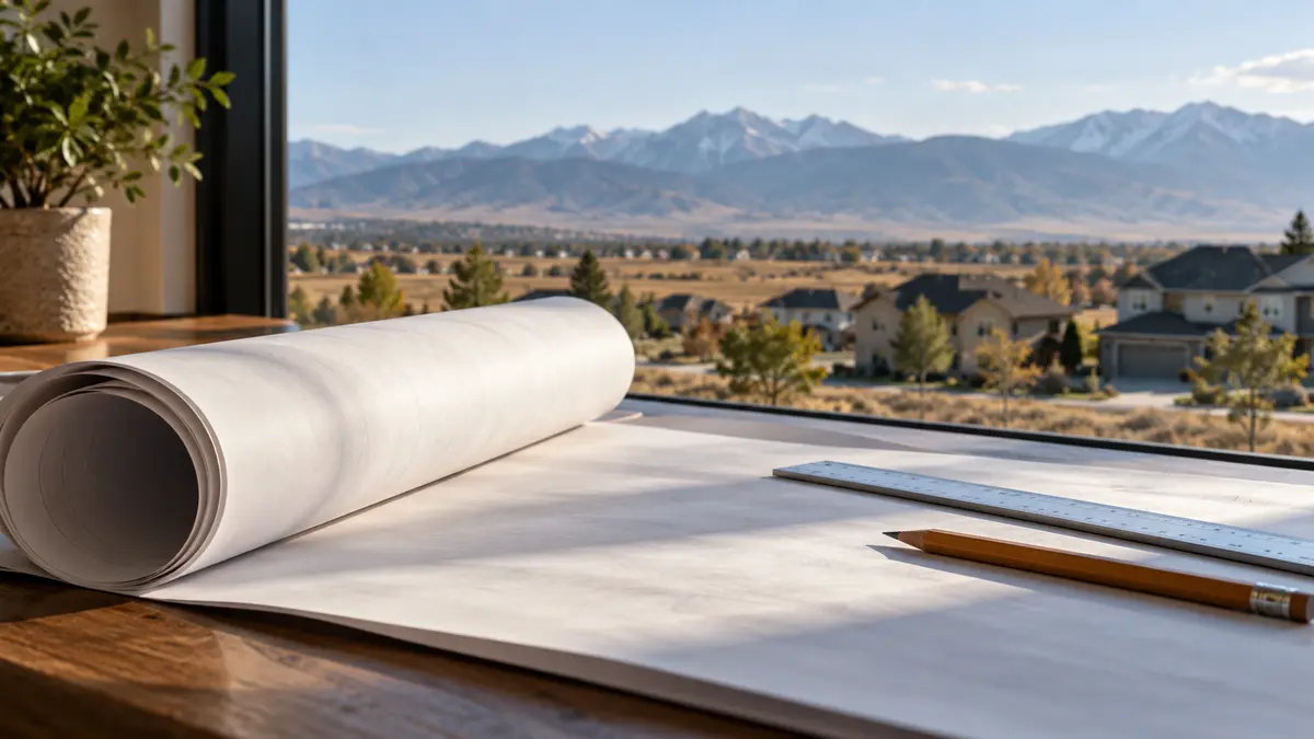 AI illustration, not a photograph: land-use planning materials beside a window overlooking a mountain-valley neighborhood.