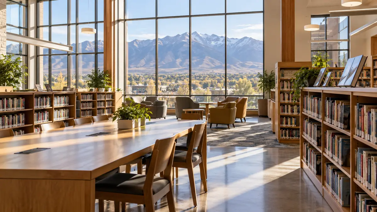 AI illustration, not a photograph: a sunlit community library with bookshelves and reading tables.