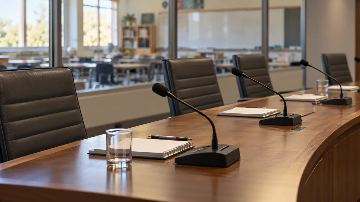 AI illustration, not a photograph: an empty meeting table with microphones and notebooks.