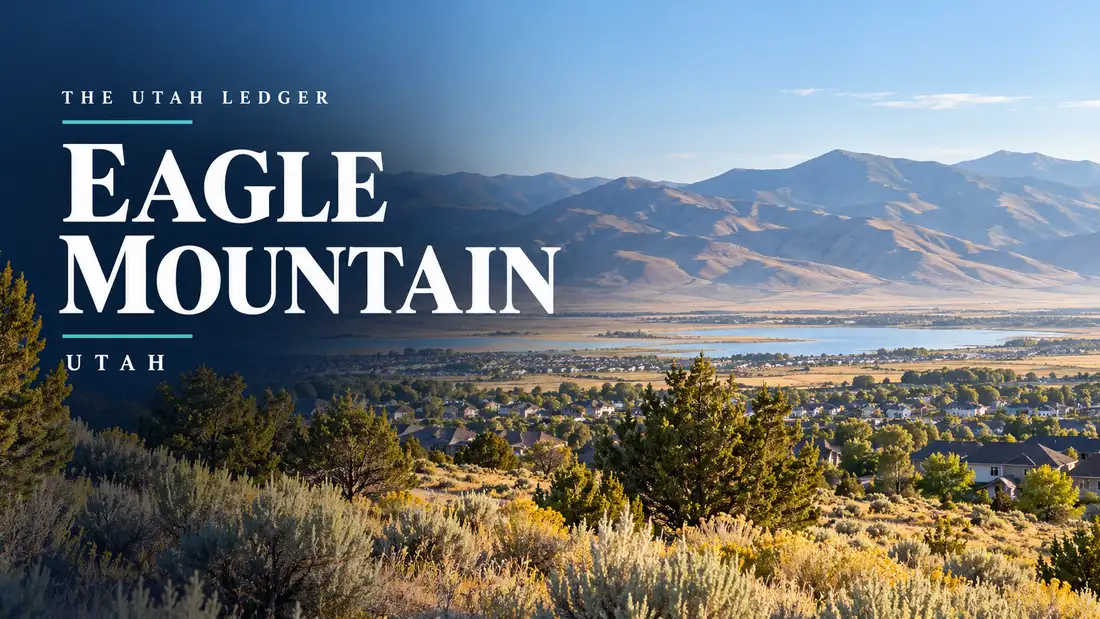 AI-generated illustration: a regional landscape with the name Eagle Mountain, Utah, and The Utah Ledger in type