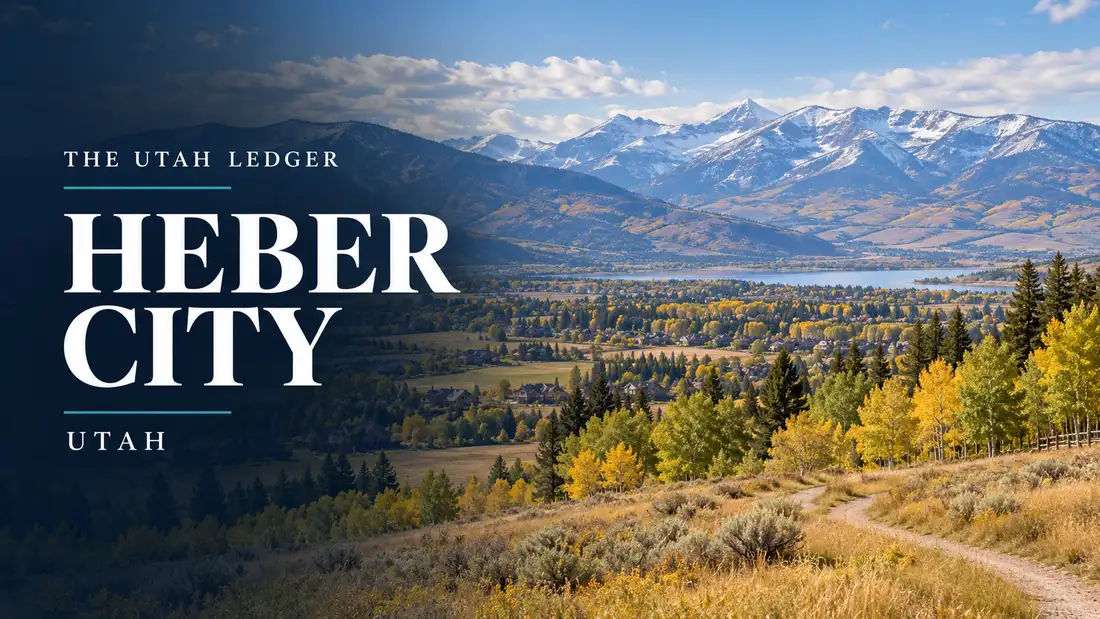 AI-generated illustration: a regional landscape with the name Heber City, Utah, and The Utah Ledger in type