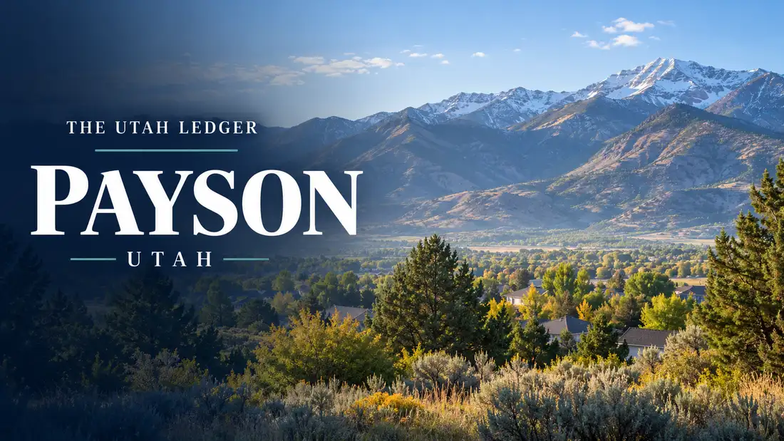 AI-generated illustration: a regional landscape with the name Payson, Utah, and The Utah Ledger in type
