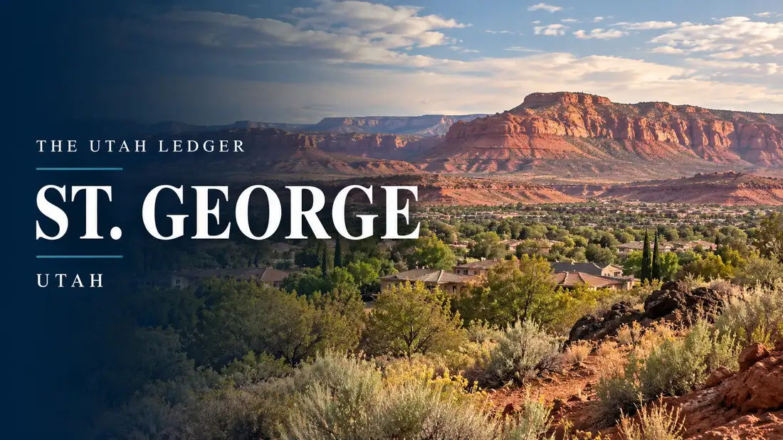 AI-generated illustration: a regional landscape with the name St. George, Utah, and The Utah Ledger in type