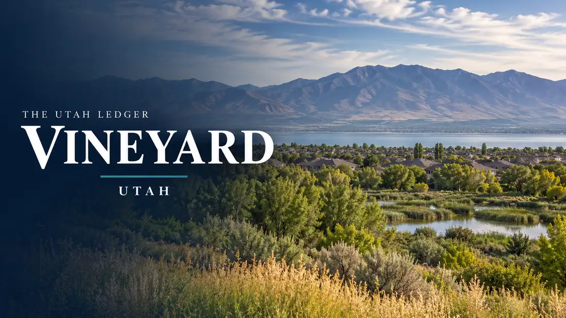 AI-generated illustration: a regional landscape with the name Vineyard, Utah, and The Utah Ledger in type