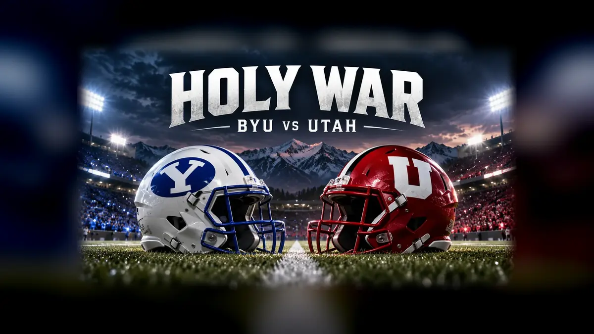 AI illustration, not a photograph: a BYU helmet and a Utah helmet face each other on a football field at night under stadium lights, with snowy mountains behind and the words Holy War, BYU vs Utah.