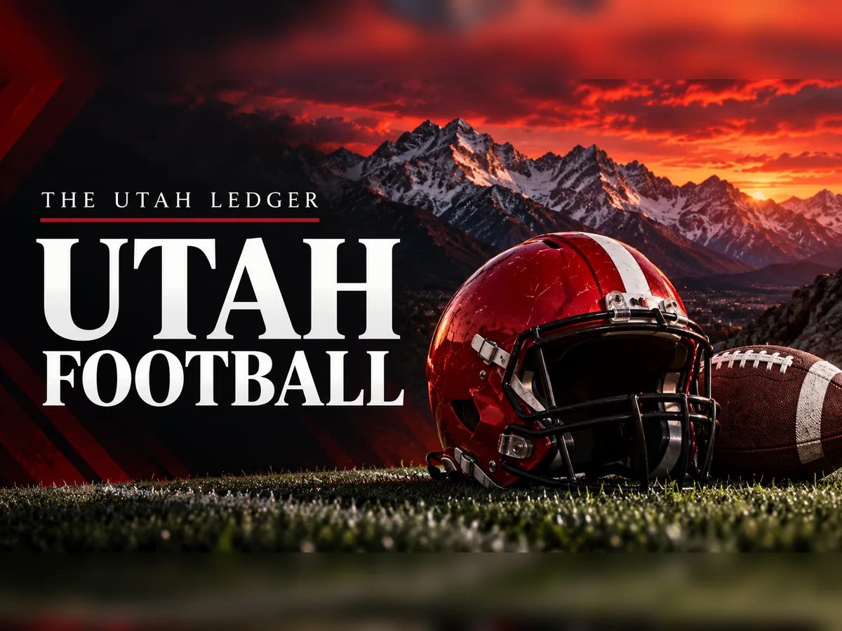 AI illustration, not a photograph: a red football helmet and ball on the grass with snowy mountains behind, and the words Utah Football.
