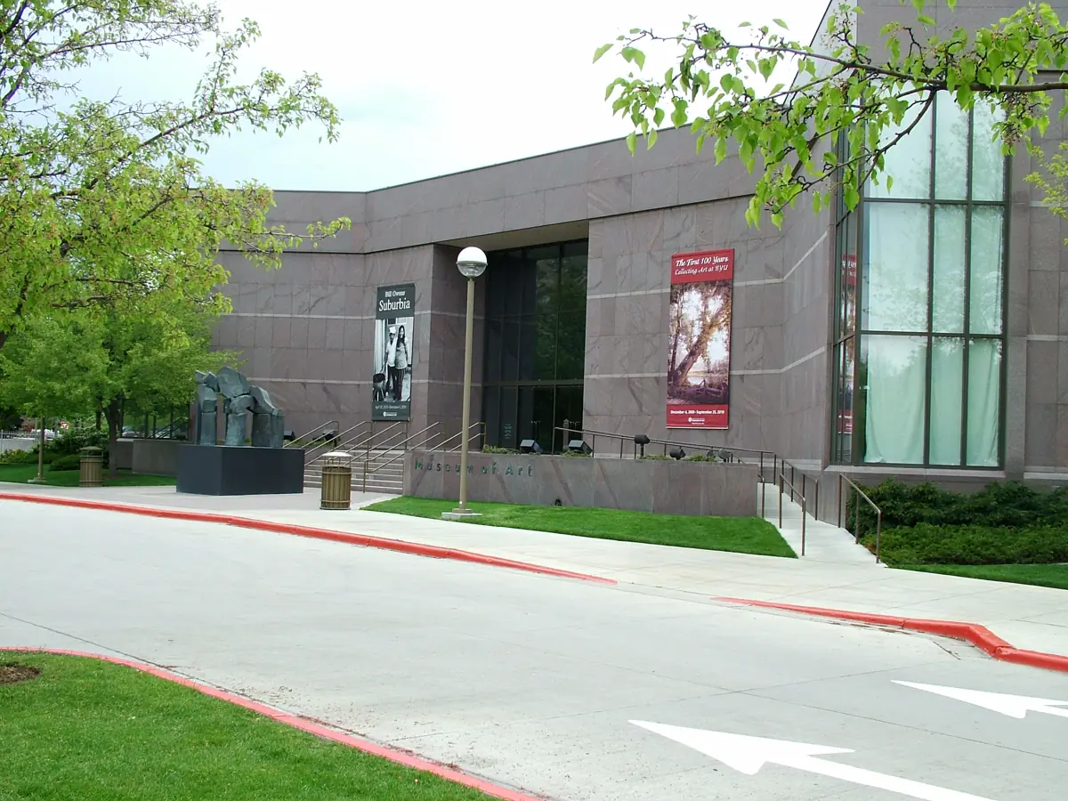 Trees and the exterior entrance of the BYU Museum of Art in Provo