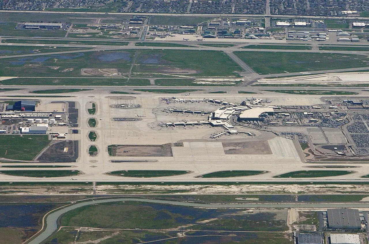 Aerial view of Salt Lake International Airport, with runways, taxiways and the terminal area