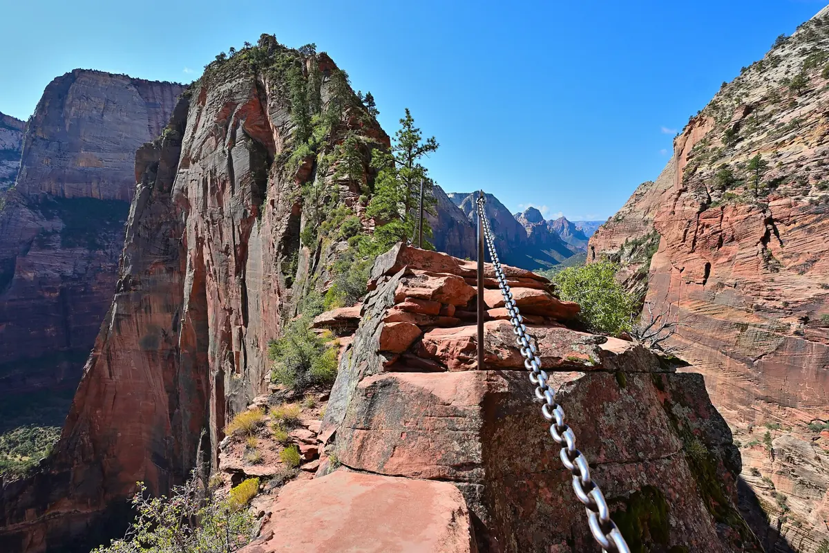 The chain handrail on the Angels Landing trail above Zion Canyon